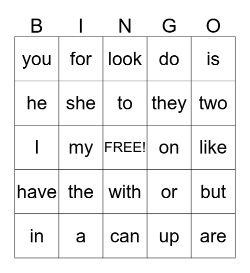 Fry Words Bingo Card