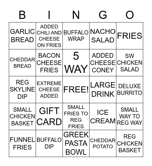 SKYLINE CHILI Bingo Card