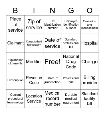 Definitions Bingo Card