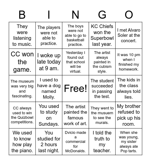 Preterite vs. Imperfect Bingo Card