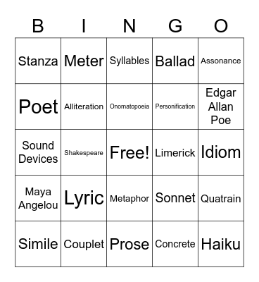 Poetry Terms Bingo Card