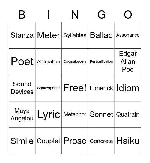 Poetry Terms Bingo Card