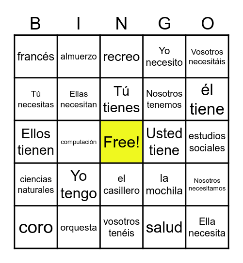 Asignaturas, Necesitar, Tener Bingo Card