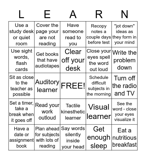 Tips for Learning Bingo Card