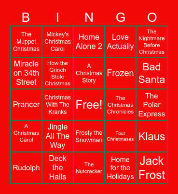 Holiday Movies Bingo Card