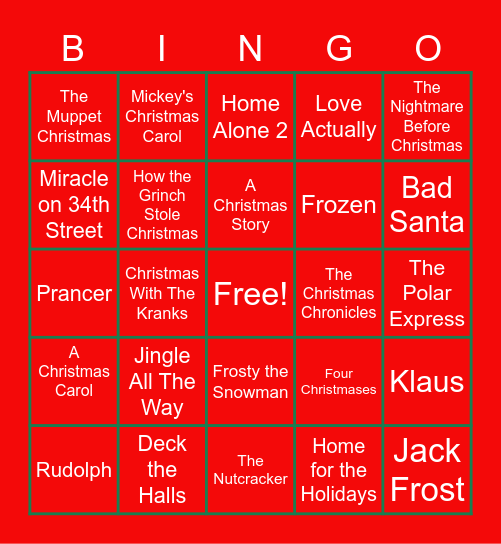 Holiday Movies Bingo Card