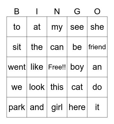 Snap Word Bingo Card