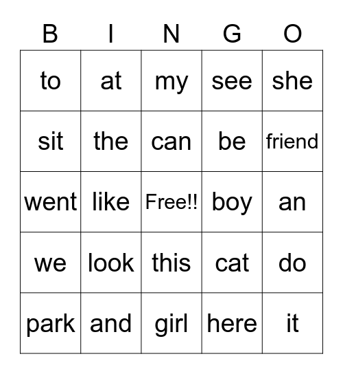 Snap Word Bingo Card