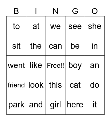 Snap Word Bingo Card