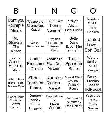 70s and 80s Music Bingo Card