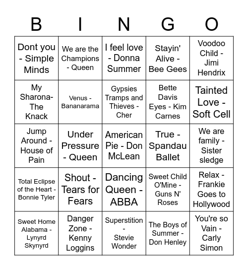 70s and 80s Music Bingo Card