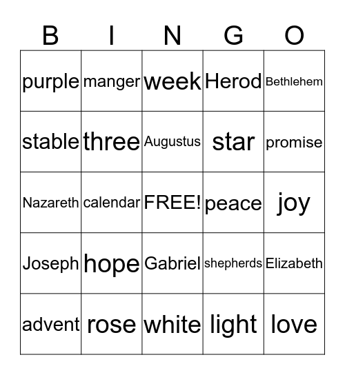 Advent and Christmas Bingo Card
