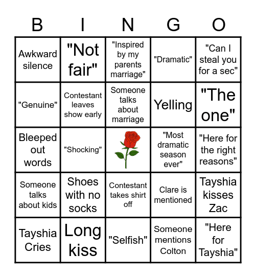 Bachelorette Bingo Card