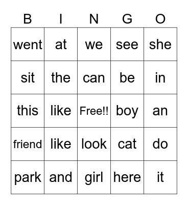 Snap Word Bingo Card