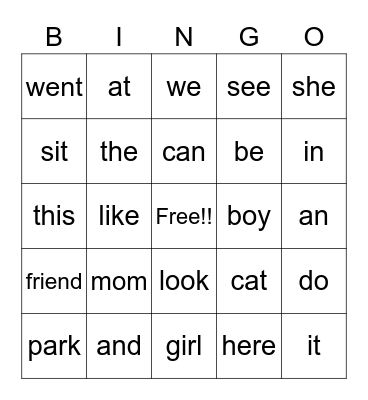 Snap Word Bingo Card