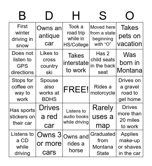 BDHS BINGO Card