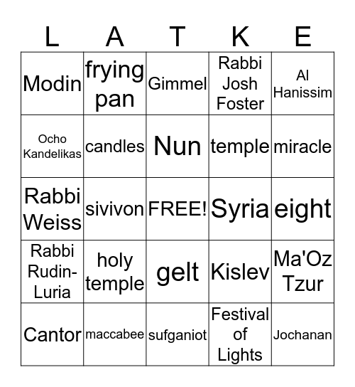 LATKE Bingo Card
