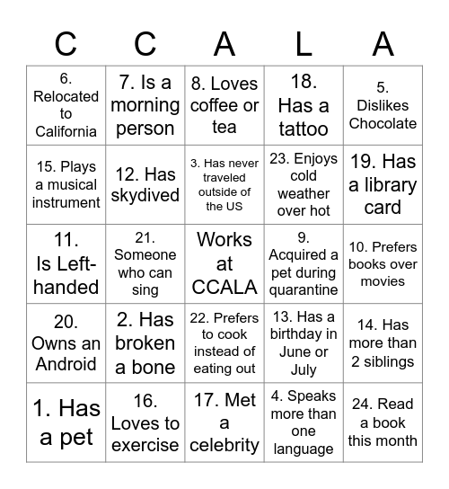 CCALA Bingo Card