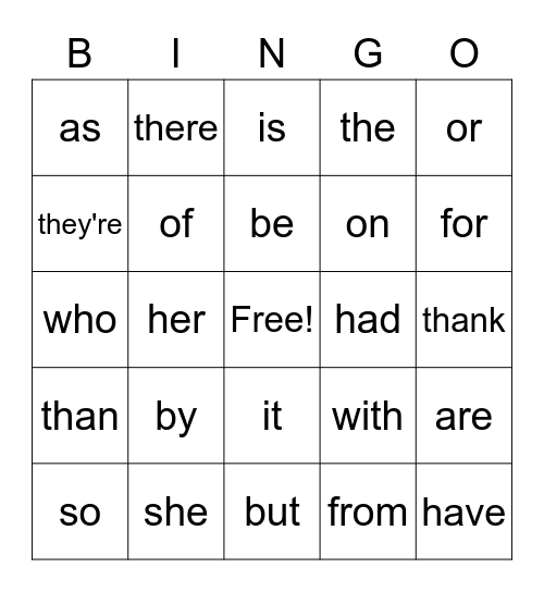 November/December Sight Word Bingo Card