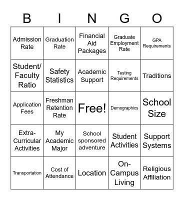 My College Fit Bingo Card