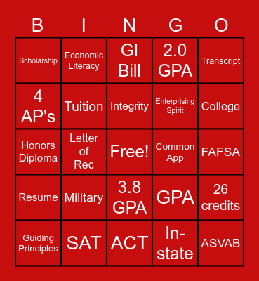 Seniors Class of 2021 Bingo Card