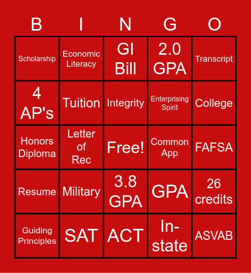 Seniors Class of 2021 Bingo Card