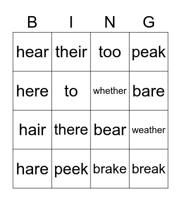 Homophone Bingo Card