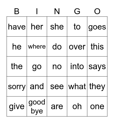 Sight words Smart Phonics 2 Bingo Card