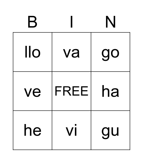 Silabas Bingo Card