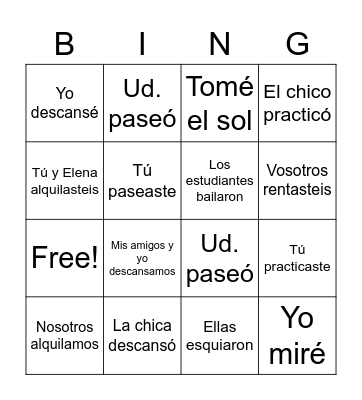 Preterite -AR Verbs Bingo Card