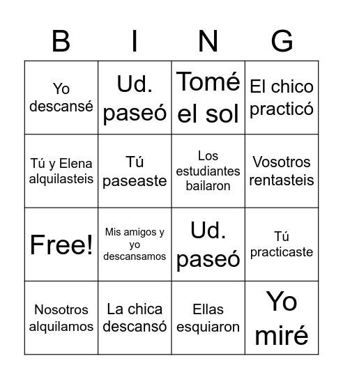 Preterite -AR Verbs Bingo Card
