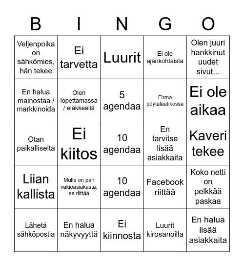 Excuse  Bingo Card