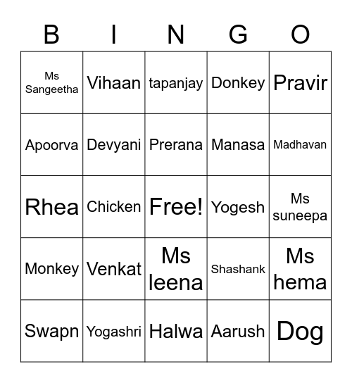 Names Bingo Card