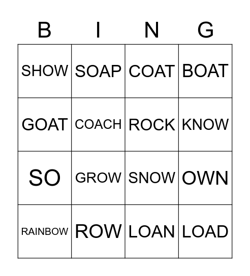 LONG O (O, OA, OW) Bingo Card