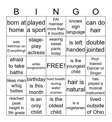FAI FACT GAME Bingo Card