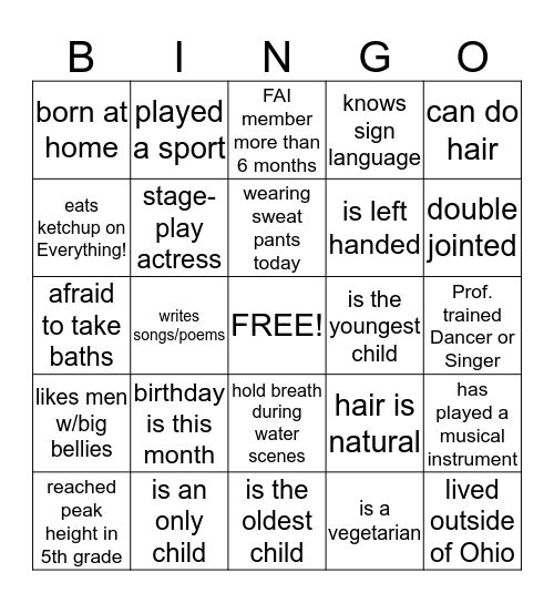 FAI FACT GAME Bingo Card