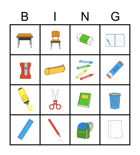 School objects Bingo Card