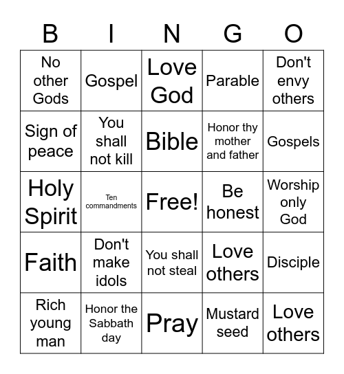 Ten Commandment Bingo Card