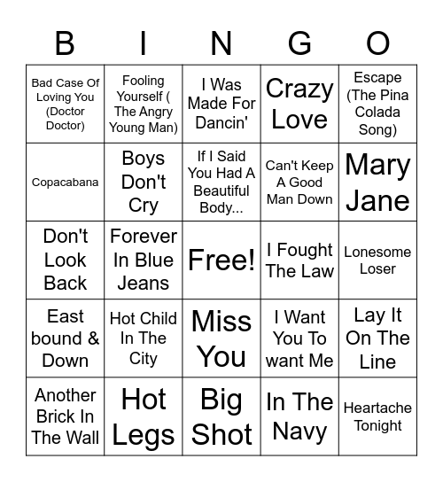 70s Hits Bingo Card