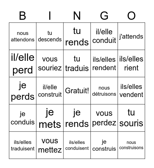 Les verbes irréguliers en -RE Bingo Card