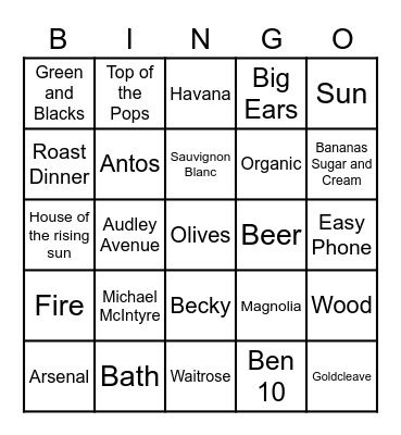Wood Family Bingo Card