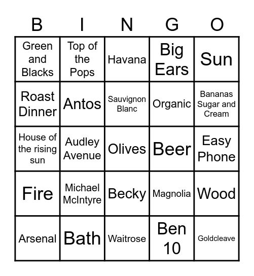 Wood Family Bingo Card