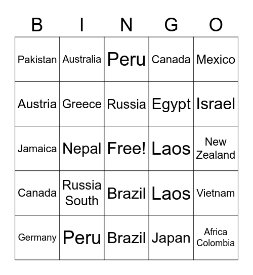 Countries Bingo Card