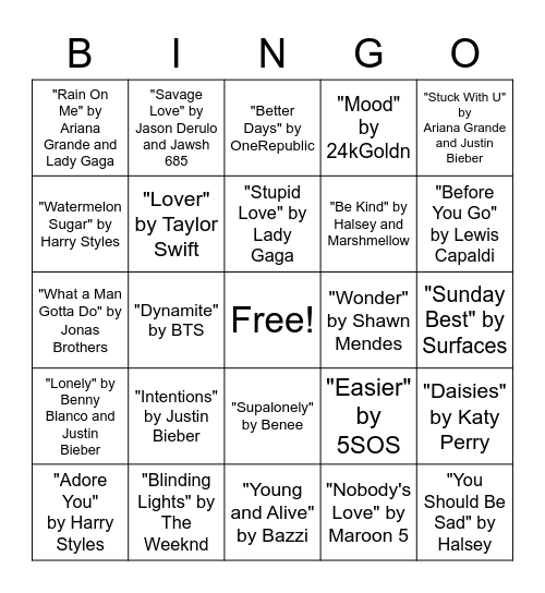 What's That Song? 2020 Bingo Card