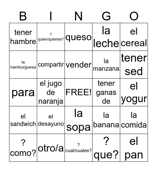 UNIT THREE SPANISH BINGO CARDS Bingo Card
