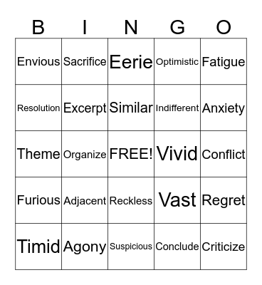 Vocabulary Bingo Card