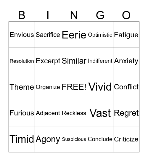 Vocabulary Bingo Card