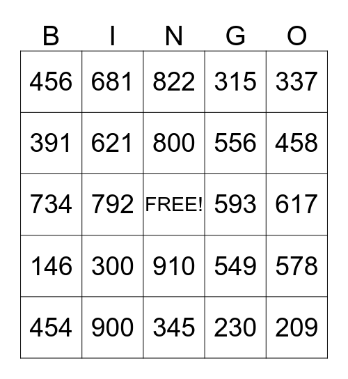 Three-digit Addition Bingo Card