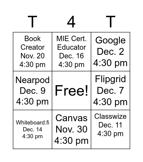 Technology Professional Learning Bingo Card