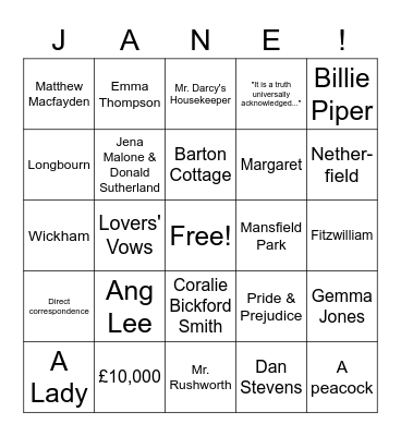 Jane Austen Trivia Bingo Card